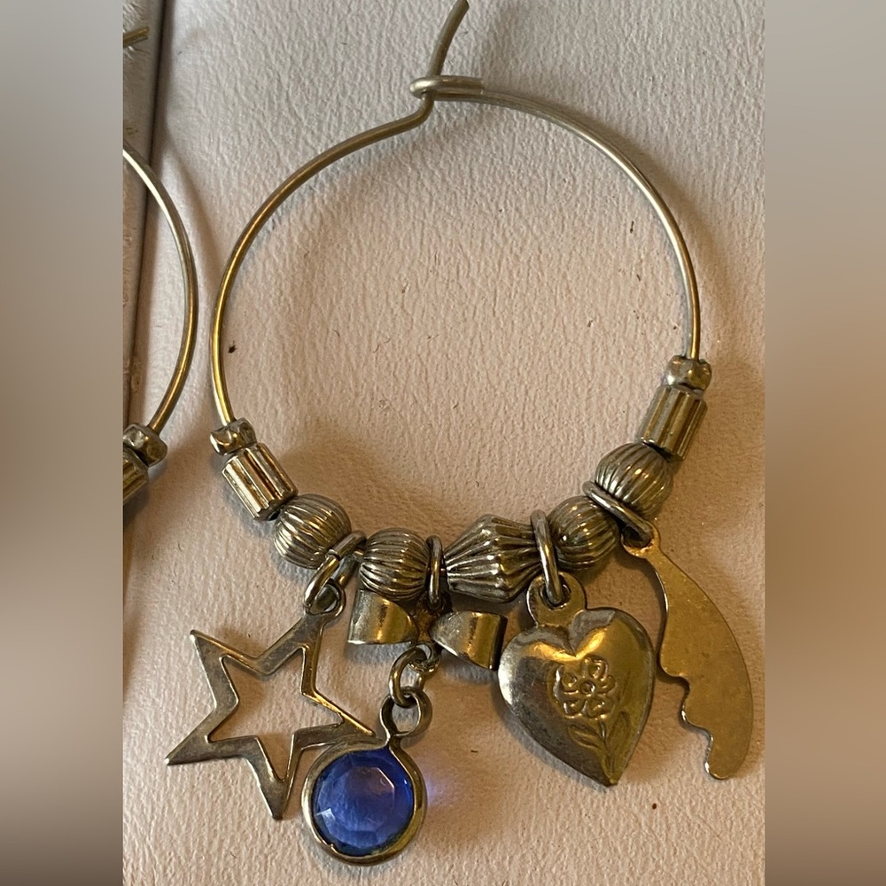 Vintage Silver and Blue Gem, Star, Moon and Heart Charm Earrings
